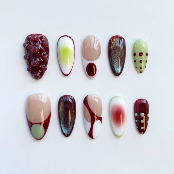 Glitter Burgundy Cat Eye Nails/press on nails long almond nails/Elegant nails/Green polka dot nails/3D Gel Nails/Gradient nails/Custom nails