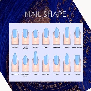Puede incluir: Ilustraci&oacute;n que muestra varias formas de u&ntilde;as, incluyendo cuadrada, redonda, ovalada y almendrada. Cada u&ntilde;a est&aacute; pintada de azul claro y etiquetada con su nombre. El t&iacute;tulo "NAIL SHAPE" se muestra en la parte superior.