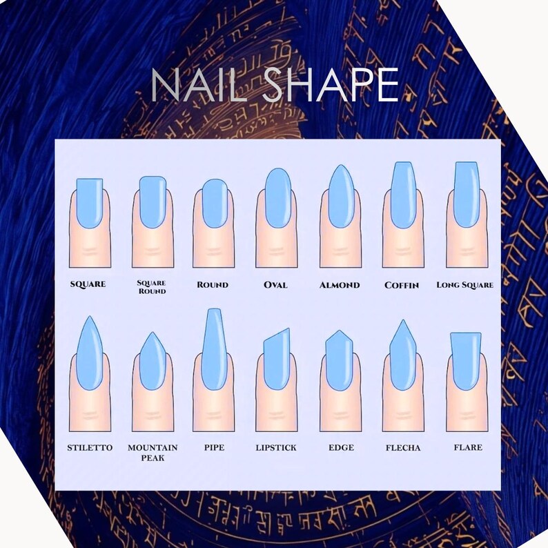 Puede incluir: Ilustraci&oacute;n que muestra varias formas de u&ntilde;as, incluyendo cuadrada, redonda, ovalada y almendrada. Cada u&ntilde;a est&aacute; pintada de azul claro y etiquetada con su nombre. El t&iacute;tulo "NAIL SHAPE" se muestra en la parte superior.