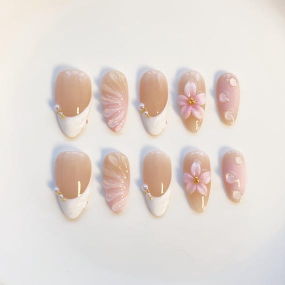 White French Press on nails long almond nails/Pink 3D Flower Nails/Elegance Nails/Birthday Nails/Custom Nails