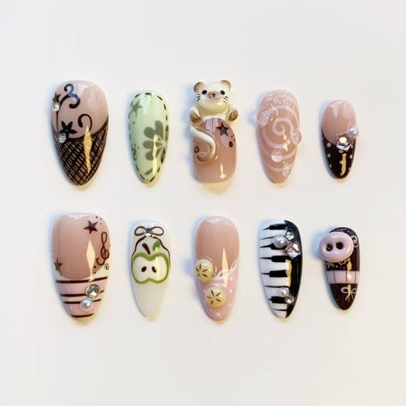 Cute Siamese cat nails/press on nails long almond nails/Kawaii nails/Piano note nails/Pink striped nails/Cute Fruit Nails/Birthday nails