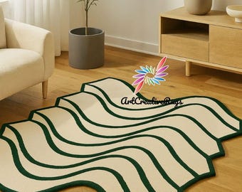 Modern Wavy Line Tufted Rug – Green & Cream Abstract Area Carpet