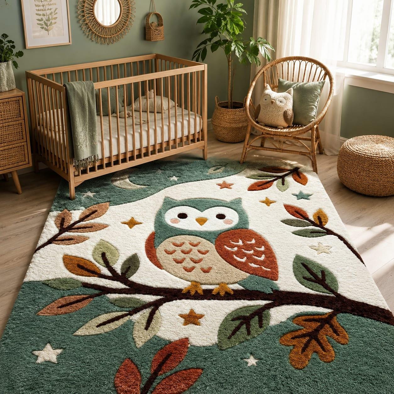 Woodland Owl Nursery Rug, Boho Baby Room Decor, Sage Green Kids Area Rug, Forest Animal Nursery Carp