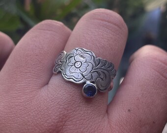 Silver Engraved Flower Ring Sapphire Ring western engraved silver ring