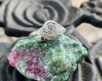 Sterling Silver Engraved Rose Ring with Ruby