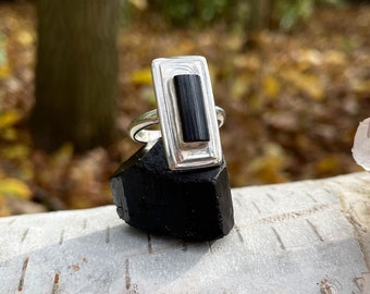 Sterling Silver Black Tourmaline Crystal Ring