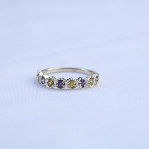 Sapphire Ring Yellow and Purple Honeycomb - Hexagon - Geometric Silver Stacker Ring - Alternative - shops Boho - Friendly - Bees - Love