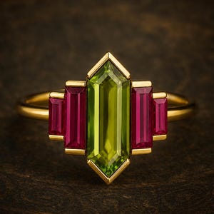Può includere: Un anello in oro con una gemma centrale verticale color verde lime taglio baguette, affiancata da due gemme più piccole color rosa intenso taglio baguette su ciascun lato, in una disposizione geometrica a gradini su una fascia liscia.