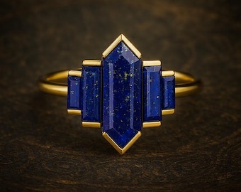 Hexagon Cut Lapis Lazuli Five Stone Wedding Ring, 10K Yellow Gold Half Bezel Minimalist Art Deco Blue Gemstone Engagement Ring, Promise Ring