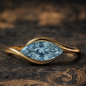 Anel com pedra azul-marinha em formato de marquise, cravação horizontal em ouro 14k, anel de noivado com gema azul-clara, anel exclusivo com design em espiral para ela.