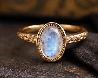 Vintage Natural Moonstone Ring, Oval Cut Gold Engagement Ring, Art Deco Promise Ring, Handmade Bridal Jewelry Gift for Women