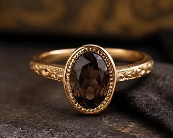 Vintage Smoky Quartz Ring, Oval Cut Gold Engagement Ring, Art Deco Promise Ring, Handmade Bridal Jewelry Gift for Women