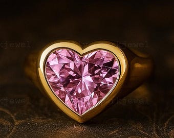Heart Cut Solitaire Pink Sapphire Engagement Ring, Heart Signet Band Ring, Love Couple Anniversary Gift Ring, 14K Yellow Gold Proposal Ring