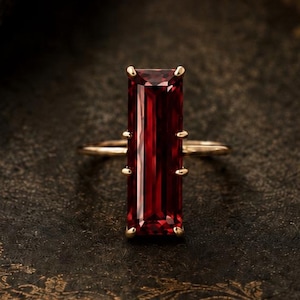 Ruby Baguette Ring, Emerald Cut Ruby Ring, Minimalist Solitaire Jewellery, July Birthstone Ornaments, Handmade Promise Ring Gift for Her