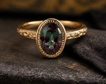 Vintage Alexandrite Ring, Oval Cut Gold Engagement Ring, Art Deco Promise Ring, Handmade Bridal Jewelry Gift for Women