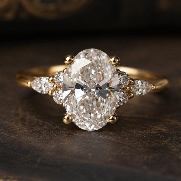 Oval Cut Moissanite Engagement Ring, Vintage Gold Promise Ring, Unique Bridal Ring, Handmade Diamond Wedding Ring for Women