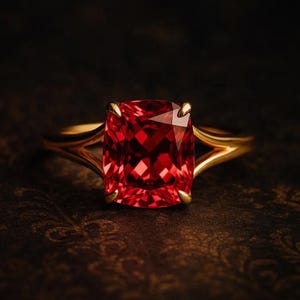 May include: A gold ring featuring a large, cushion-cut, vibrant red gemstone held in place by four prongs. The band of the ring splits into two distinct sections as it reaches the setting, creating a sleek, open design around the central stone.