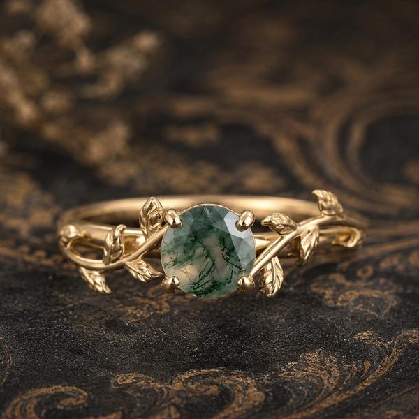 Moss Agate Leaf Engagement Ring, Nature Inspired Gold Ring, Vine Promise Ring, Handmade Boho Bridal Jewelry Gift