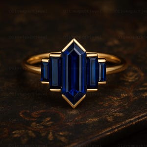 ヘキサゴンカットのブルーサファイアリング、ローズゴールドのベゼルセットエンゲージリング、バゲットヴィンテージブライダルウェディングアニバーサリーリング、ブルージェムプロミスリング