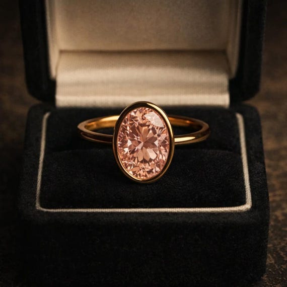 Oval Morganite Engagement Ring, 9K Yellow Gold Bezel Setting Anniversary Ring, Solitaire Minimalist Ring, Peach Pink Gemstone Promise Ring