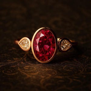 Puede incluir: Un anillo de oro con una gran piedra preciosa de color rojo intenso y corte ovalado en el centro, flanqueada por dos piedras blancas transparentes más pequeñas en forma de pera. Las piedras están engastadas en una banda de oro pulido.