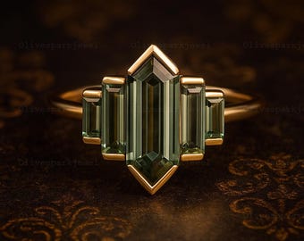 Vintage Long Hexagon Cut Green Amethyst Ring, Art Deco Baguette Amethyst Engagement Ring, Promise Jewellery For Her, Anniversary Ring