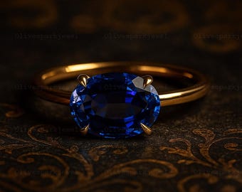 East West Set Oval Solitaire Sapphire Ring, Blue Gemstone Engagement Ring, Dainty September Birthstone Anniversary Gift, 14K Gold Ring