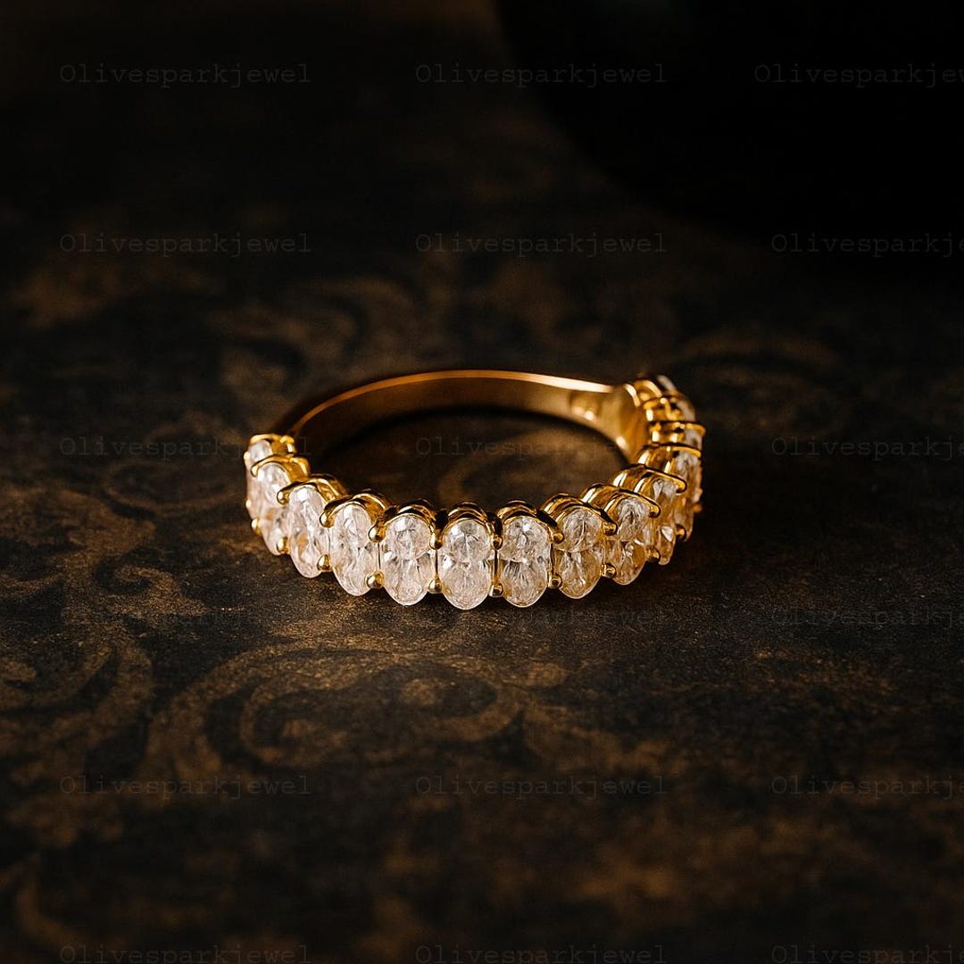 Bezel Set Oval Moissanite Half Eternity Band, 14K Yellow Gold Oval Cut ...