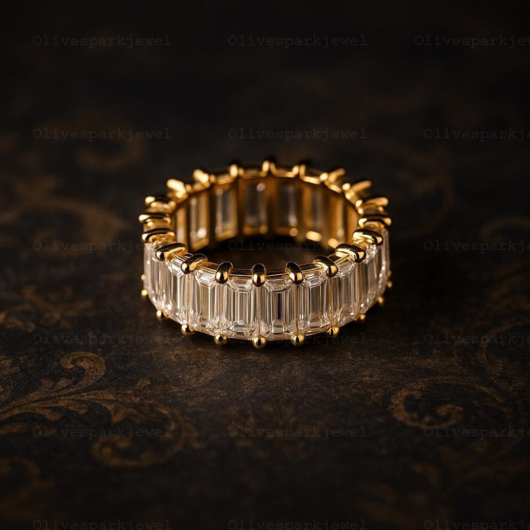 Minimalist Baguette Cut Moissanite Wedding Band, 14K Solid Yellow Gold ...