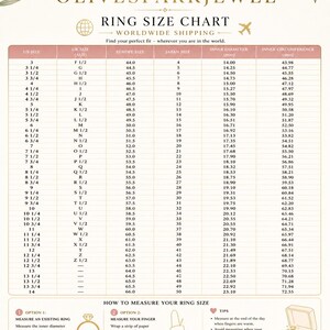 以下が含まれることがあります： OLIVESPARKJEWELのリングサイズチャート。米国、英国、欧州、日本のサイズ、およびミリメートル単位の内径と円周の列があります。リングや指の測定方法の説明と、サイズ選びに役立つヒントが記載されています。