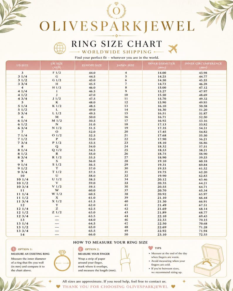 以下が含まれることがあります： OLIVESPARKJEWELのリングサイズチャート。米国、英国、欧州、日本のサイズ、およびミリメートル単位の内径と円周の列があります。リングや指の測定方法の説明と、サイズ選びに役立つヒントが記載されています。