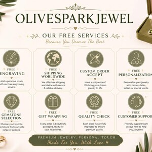 以下が含まれることがあります： OLIVESPARKJEWELのインフォグラフィック。ベルベットの箱に入った緑色の宝石付きゴールドネックレスと、緑色の宝石付きゴールドリングが写っています。テキストには、刻印、配送、カスタムオーダー、パーソナライズ、宝石の選択、ギフトラッピング、品質チェック、カスタマーサポートなどのサービスが記載されています。
