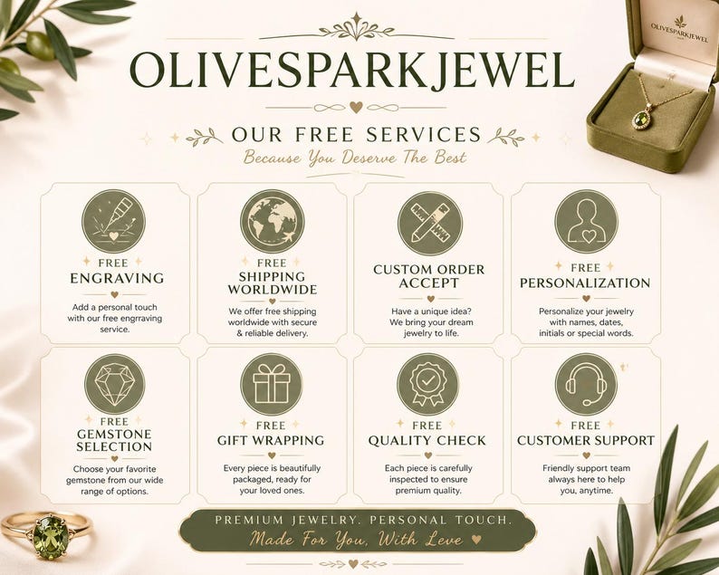 以下が含まれることがあります： OLIVESPARKJEWELのインフォグラフィック。ベルベットの箱に入った緑色の宝石付きゴールドネックレスと、緑色の宝石付きゴールドリングが写っています。テキストには、刻印、配送、カスタムオーダー、パーソナライズ、宝石の選択、ギフトラッピング、品質チェック、カスタマーサポートなどのサービスが記載されています。