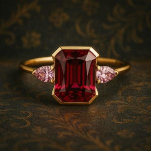 Könnte beinhalten: Ein goldener Ring mit einem großen, rechteckigen, tiefroten Edelstein in einer goldenen Fassung. Zwei kleinere, birnenförmige rosa Edelsteine flankieren den Mittelstein. Der Ring hat ein schlichtes, poliertes Goldband.