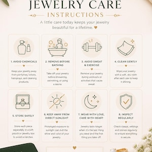 以下が含まれることがあります： OLIVESPARKJEWELのジュエリーケアガイド。8つのステップがイラストで示されています。化学薬品の回避、入浴前の取り外し、汗の回避、クリーニング、保管、直射日光の回避、定期的な点検に関するアイコンが含まれています。