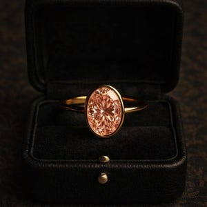 May include: A gold ring with an oval, peach-colored gemstone set in a bezel setting. The ring is displayed in a black jewelry box with a dark interior. The ring's band is thin and polished.