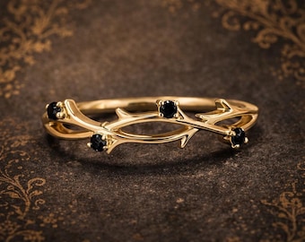 Round Black Onyx Crossover Half Eternity Wedding Band 14K Yellow Gold Minimalist Ring Dainty Stacking Band Gift For Her, Anniversary Band