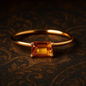 May include: A gold ring featuring a rectangular, amber-colored gemstone. The ring's band is thin and gold, with the gemstone held in place by four small prongs. The gemstone has a warm, golden-orange hue, and the ring is set against a dark background.