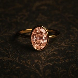 May include: A gold ring featuring an oval-cut, peach-colored gemstone. The gemstone is set in a bezel setting, and the band is a thin, polished gold. The ring is displayed against a dark, patterned background.