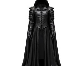 Capa medieval con capucha de cuero negro – Chaleco vikingo Guardián Oscuro – Disfraz gótico LARP para cosplay hecho a mano, regalo para él