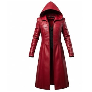 May include: A long, red leather coat with a hood. The coat features a tailored fit, long sleeves, and a black vest-like panel down the front. The coat is designed with a button closure and a sleek, modern aesthetic.