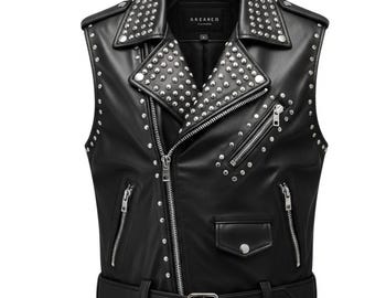 Men’s Genuine Leather Studded Biker Vest – Handmade Spiked Punk Rock Motorcycle Vest – Heavy Metal Gothic Clubwear Vest – Gift for Him