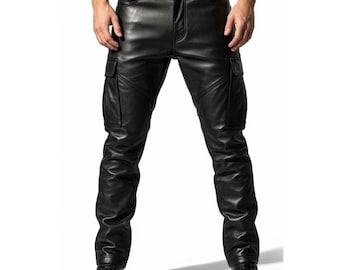 Pantalón negro casual de cuero auténtico para hombre / Pantalón de cuero negro hecho a mano para hombre / Pantalón de uniforme de cuero clásico / Regalo para él
