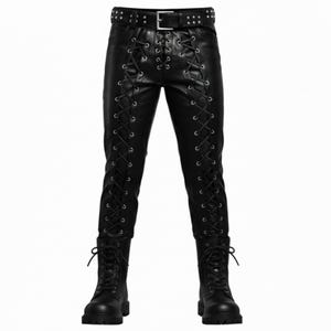May include: Black leather pants with lace-up detailing on the front and sides. The pants have a studded belt and are paired with black lace-up boots. The pants are designed in a slim fit.