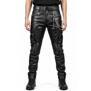 Mens Genuine Black Leather Cargo Pants – Handmade Biker Style Leather Jeans – Gothic Punk Motorcycle Streetwear Trousers – Gift for Him