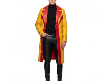 Abrigo gótico de piel auténtica amarillo y rojo – Prenda exterior masculina hecha a mano – Chaqueta tipo gabardina steampunk para cosplay – Regalo para él
