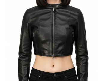 Women's Cropped Black Leather Biker Jacket – Handmade Genuine Leather Short Jacket – Streetwear Fashion Gift for Her