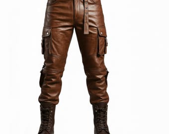 May include: Brown leather pants with multiple pockets and a belt. The pants have a cargo style with pockets on the thighs and lower legs. The pants are paired with brown leather boots.