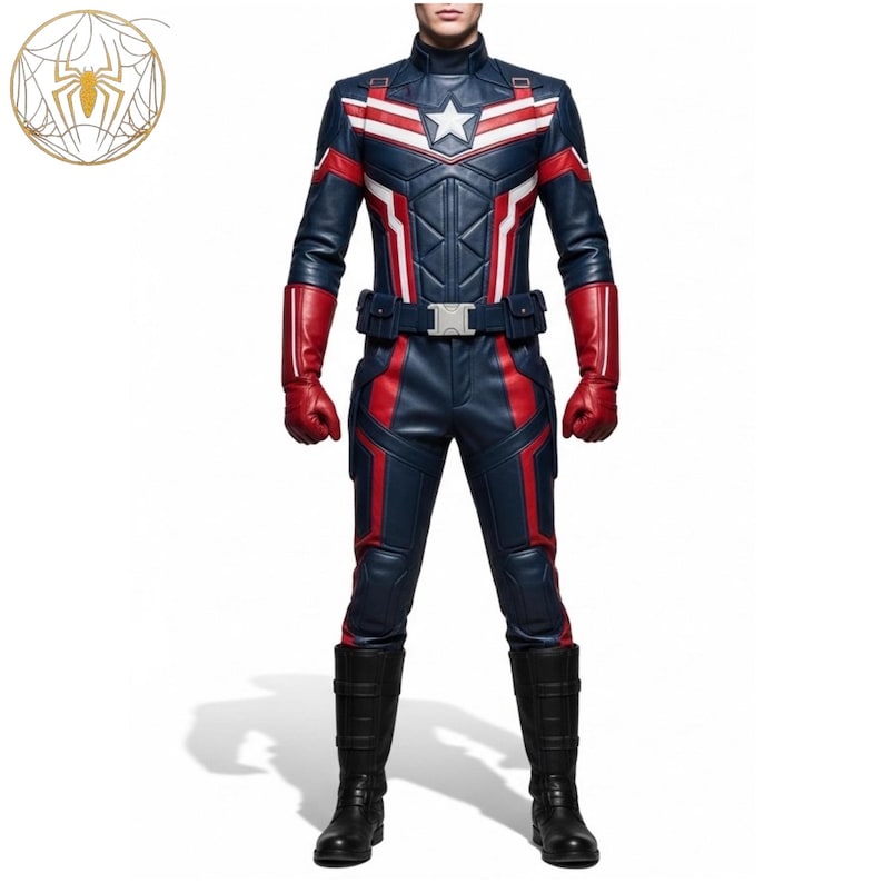 Puede incluir: Un disfraz de superh&eacute;roe azul, rojo y blanco con un emblema de estrella en el pecho. El disfraz incluye una chaqueta, pantalones, guantes, cintur&oacute;n y botas. La chaqueta tiene rayas blancas y un cuello alto. Las botas son negras.