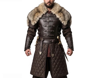 Armadura vikinga artesanal de cuero marrón con piel – Traje de guerrero medieval de cuero auténtico – Disfraz para LARP y cosplay – Regalo para él